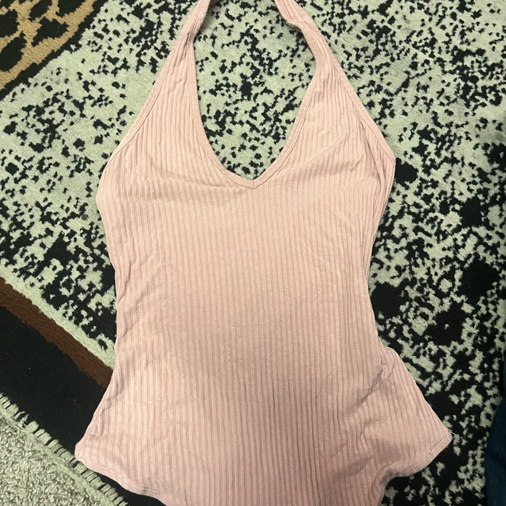 Me to We Pink Ribbed Backless Bodysuit